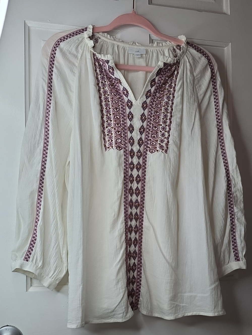 J. Jill Cream Boho Tunic with Purple Embroidered Trim